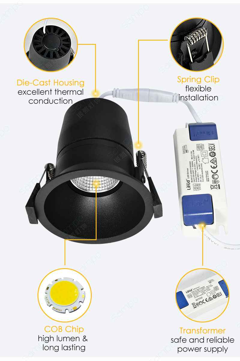 Features | YZ8106 Black Dimmable Recessed LED Downlight Spotlights