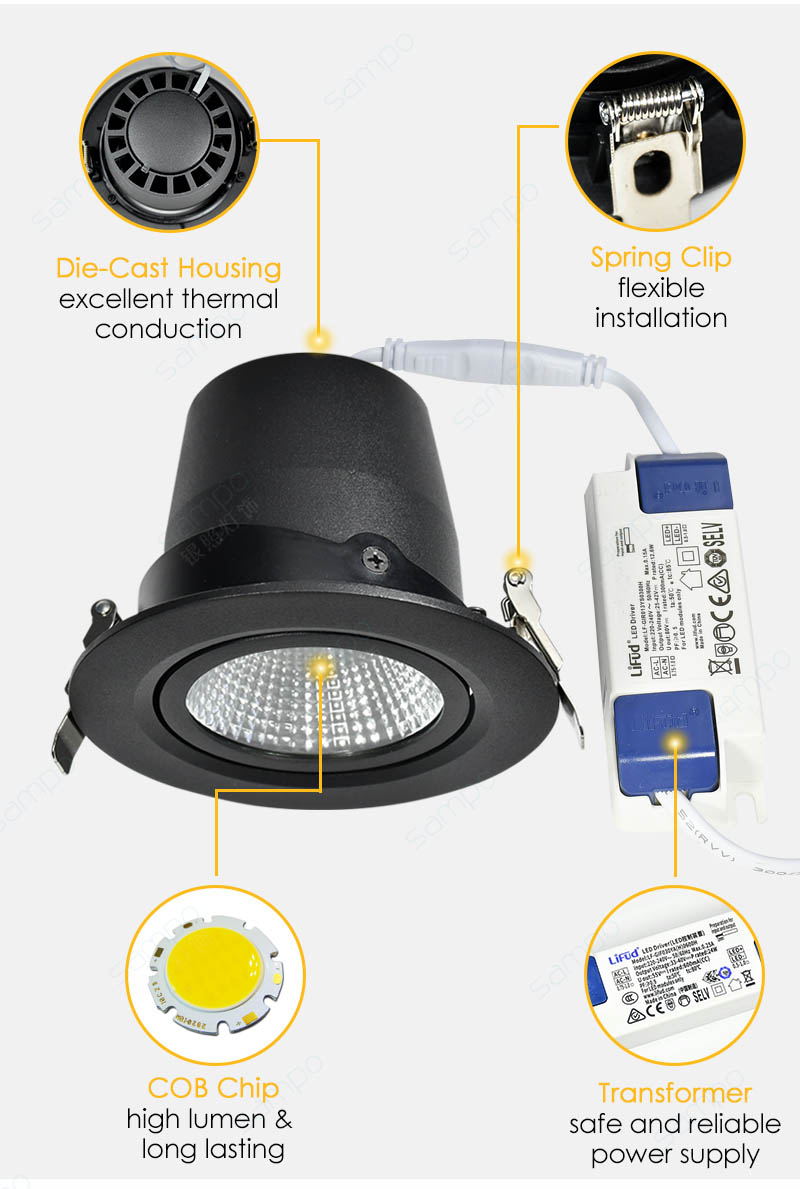 Features | YZ8113 Black Recessed Adjustable LED Downlights