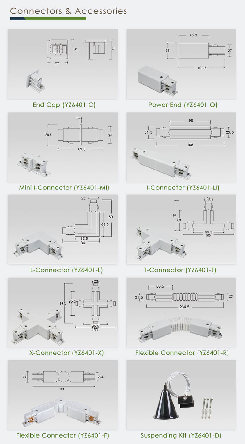 Dimension | Track Lighting End Power Feed T Shape And Flexible Connectors