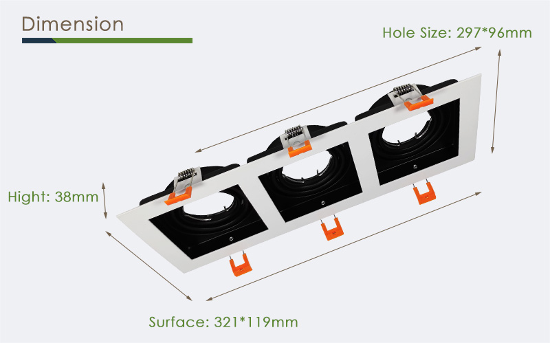 Dimension | YZ5647 Triple Head GU10 MR16 Grille Down Light Fitting