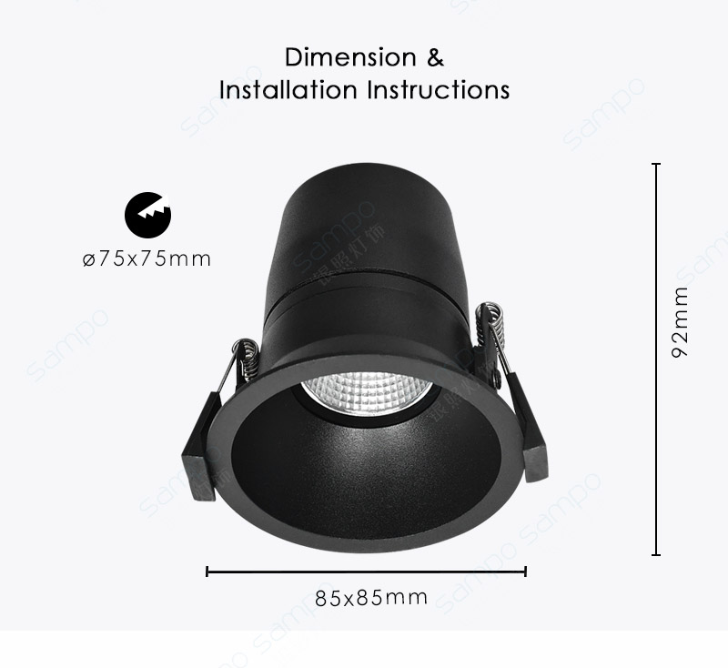 Dimension | YZ8106 Black Dimmable Recessed LED Downlight Spotlights