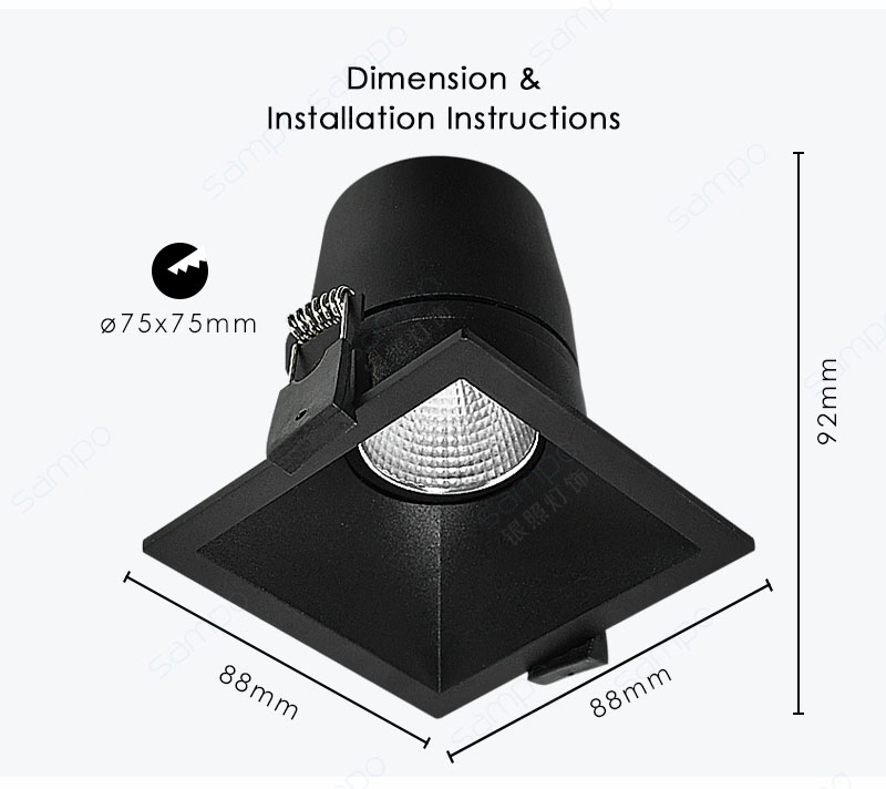 Dimension | YZ8104 Black Square Recessed Downlights
