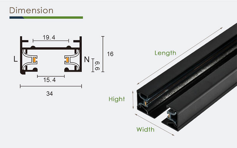 Dimension | Light Rail Tracks For 2 Wire 1 Phase LED Track Lighting Systems