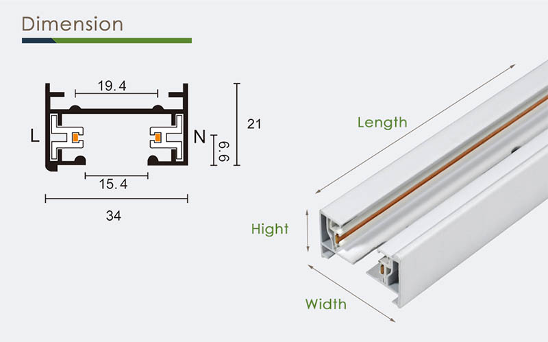 Dimension | 2 Wire 1 Circuit Spotlight Rail Track Lighting Systems