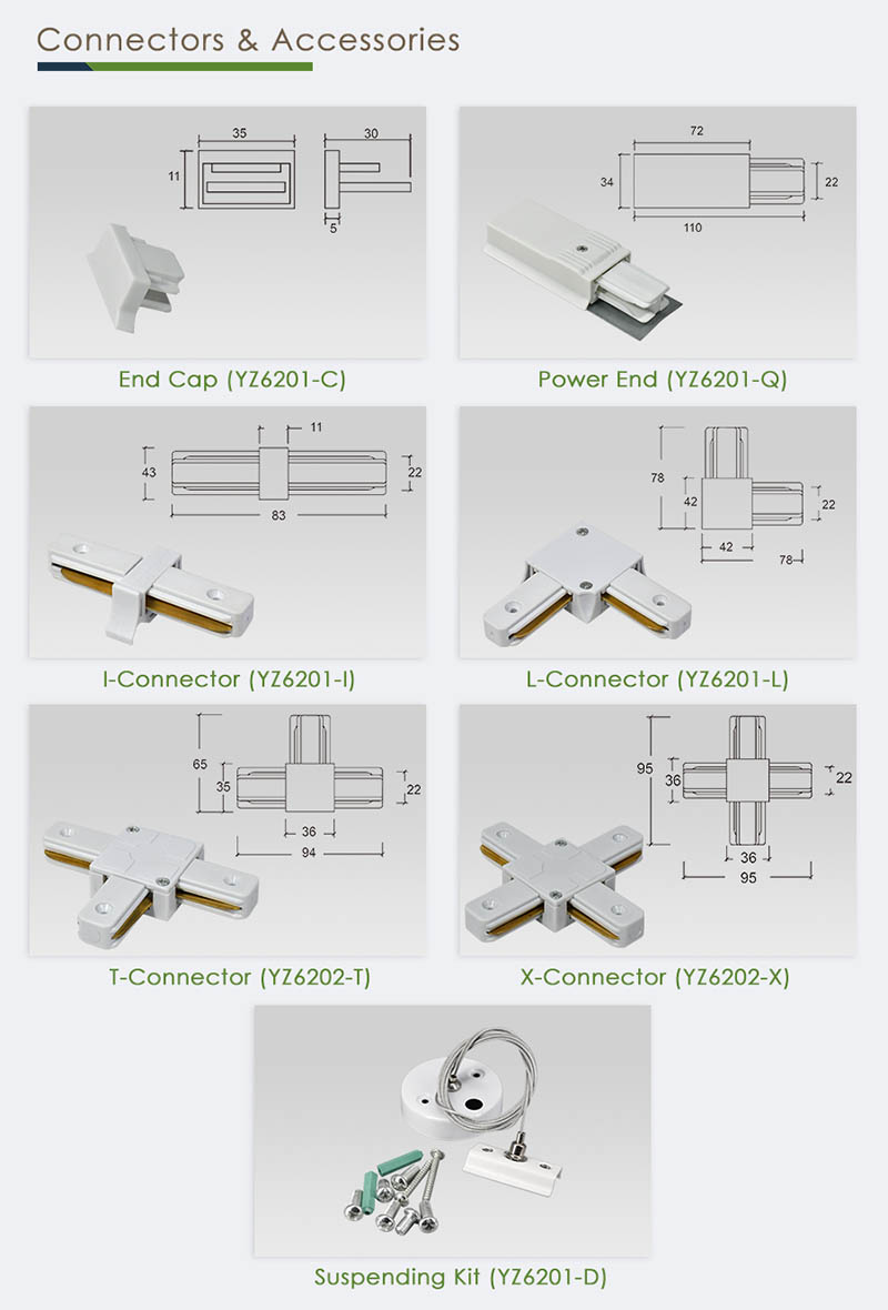 Dimension | YZ6201 Flexible And T Shape Track Connectors