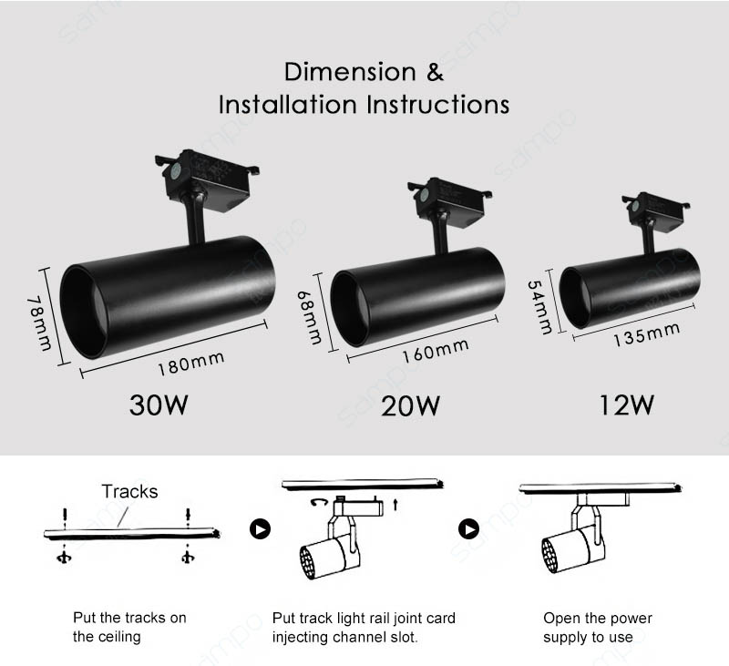 Dimension | YZ7108 12W 20W 30W LED Track Light Fixtures