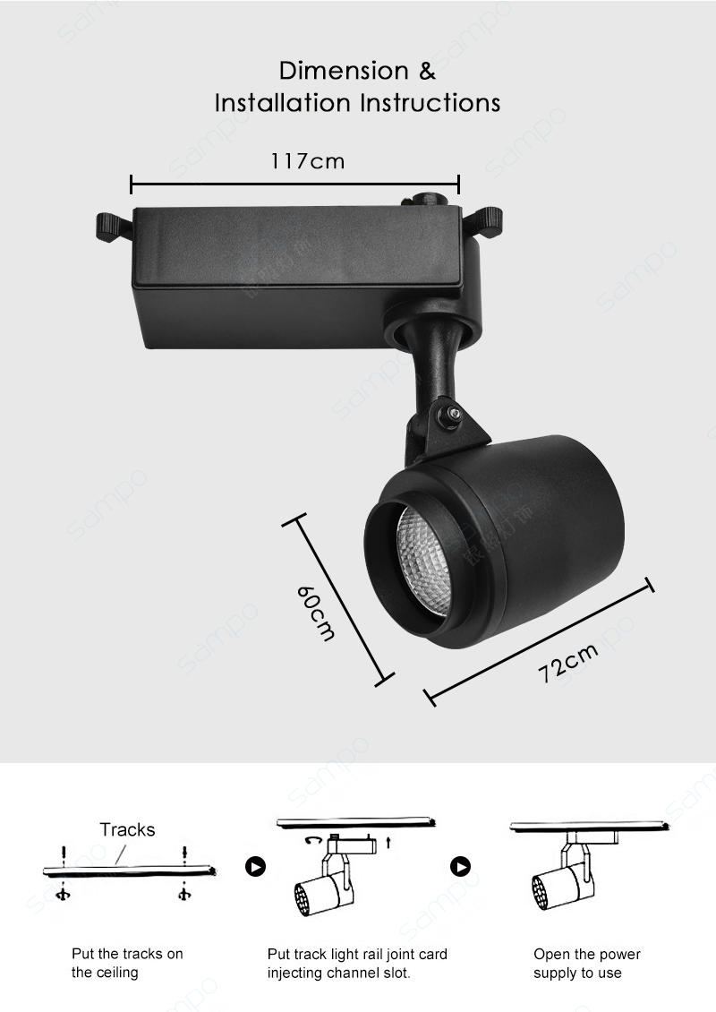 Dimension | YZ7208 15W Wireless Remote Control Track Lighting Fixtures