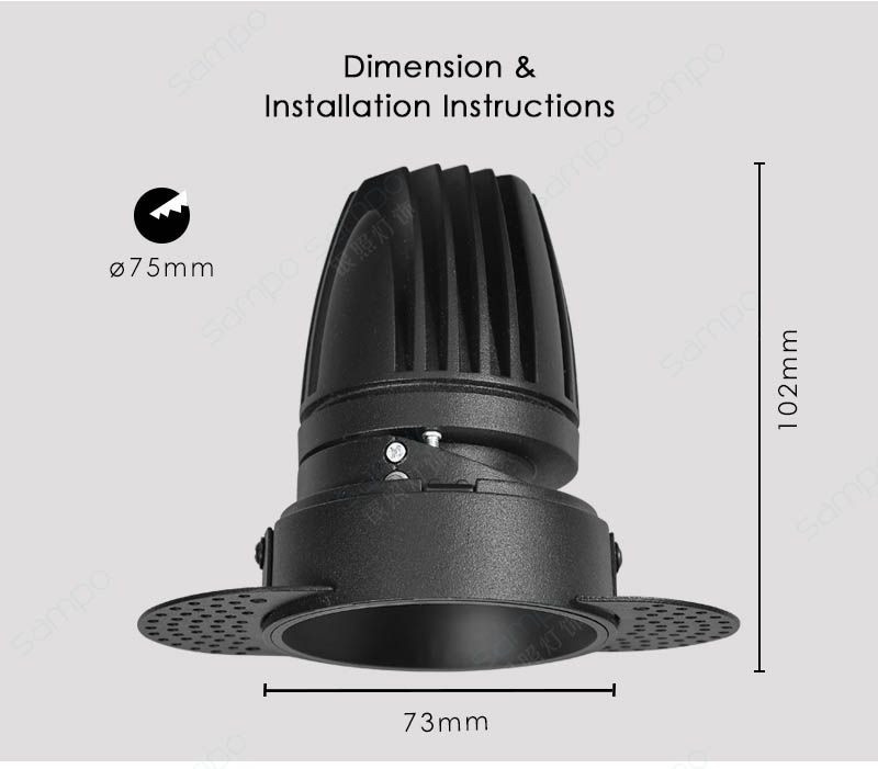 Dimension | YZ8125 15W Trimless Recessed Adjustable LED Downlights