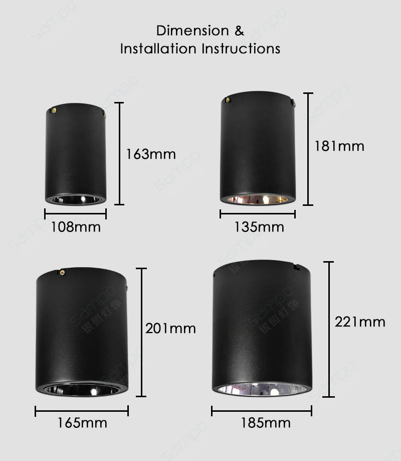 Dimension | YZ8300-8303 LED Surface Mounted Downlights